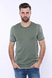 Bisiklet Yaka Kenarları Desenli Yeşil Örme T-shirt  Wessi - 4