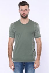 Bisiklet Yaka Kenarları Desenli Yeşil Örme T-shirt  Wessi - 5