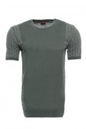 Bisiklet Yaka Kenarları Desenli Yeşil Örme T-shirt  Wessi - 8