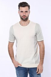 Bisiklet Yaka Kenarları Desenli Krem Örme T-shirt  Wessi - 1