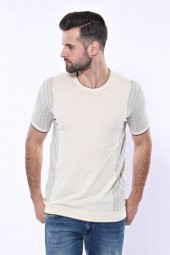 Bisiklet Yaka Kenarları Desenli Krem Örme T-shirt  Wessi - 3