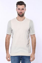 Bisiklet Yaka Kenarları Desenli Krem Örme T-shirt  Wessi - 5