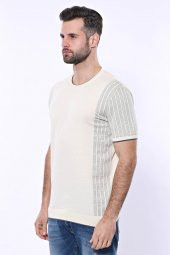 Bisiklet Yaka Kenarları Desenli Krem Örme T-shirt  Wessi - 6