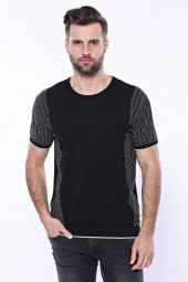 Bisiklet Yaka Kenarları Desenli Siyah Örme T-shirt  Wessi - 1
