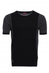 Bisiklet Yaka Kenarları Desenli Siyah Örme T-shirt  Wessi - 2