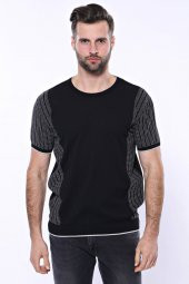 Bisiklet Yaka Kenarları Desenli Siyah Örme T-shirt  Wessi - 5