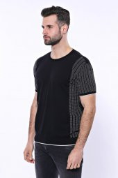 Bisiklet Yaka Kenarları Desenli Siyah Örme T-shirt  Wessi - 6