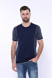 Bisiklet Yaka Kenarları Desenli Lacivert Örme T-shirt  Wessi - 3
