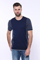 Bisiklet Yaka Kenarları Desenli Lacivert Örme T-shirt  Wessi - 4