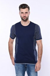Bisiklet Yaka Kenarları Desenli Lacivert Örme T-shirt  Wessi - 1