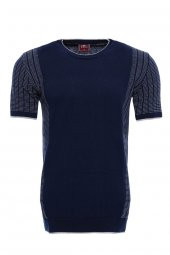 Bisiklet Yaka Kenarları Desenli Lacivert Örme T-shirt  Wessi - 2