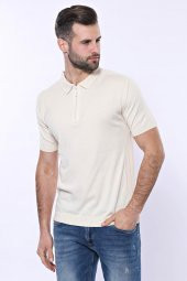 Polo Yaka Krem Düz Örme T-shirt  Wessi - 4
