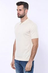 Polo Yaka Krem Düz Örme T-shirt  Wessi - 5