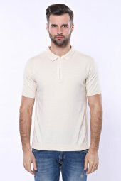 Polo Yaka Krem Düz Örme T-shirt  Wessi - 6