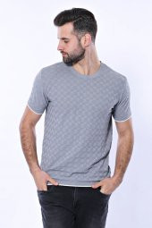 Kendinden Desenli Örme Gri Bisiklet Yaka T-shirt  Wessi - 1