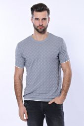 Kendinden Desenli Örme Gri Bisiklet Yaka T-shirt  Wessi - 3