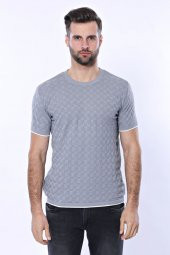 Kendinden Desenli Örme Gri Bisiklet Yaka T-shirt  Wessi - 4