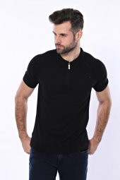 Polo Yaka Fermuarlı Siyah Örme T-shirt  Wessi - 1