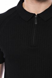 Polo Yaka Fermuarlı Siyah Örme T-shirt  Wessi - 2