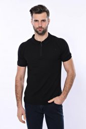 Polo Yaka Fermuarlı Siyah Örme T-shirt  Wessi - 3