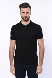 Polo Yaka Fermuarlı Siyah Örme T-shirt  Wessi - 4