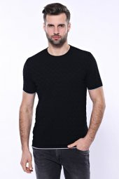 Kendinden Desenli Örme Siyah Bisiklet Yaka T-shirt  Wessi - 1