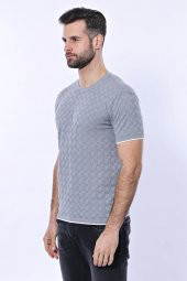 Kendinden Desenli Örme Gri Bisiklet Yaka T-shirt  Wessi - 5