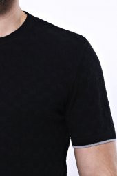 Kendinden Desenli Örme Siyah Bisiklet Yaka T-shirt  Wessi - 2