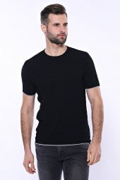 Kendinden Desenli Örme Siyah Bisiklet Yaka T-shirt  Wessi - 3