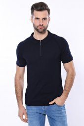 Polo Yaka Fermuarlı Lacivert Örme T-shirt  Wessi - 1
