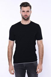 Kendinden Desenli Örme Siyah Bisiklet Yaka T-shirt  Wessi - 4