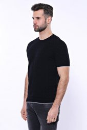 Kendinden Desenli Örme Siyah Bisiklet Yaka T-shirt  Wessi - 5
