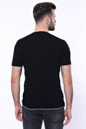Kendinden Desenli Örme Siyah Bisiklet Yaka T-shirt  Wessi - 6