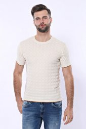 Kendinden Desenli Örme Krem Bisiklet Yaka T-shirt  Wessi - 1