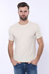 Kendinden Desenli Örme Krem Bisiklet Yaka T-shirt  Wessi - 3