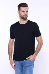 Kendinden Desenli Örme Lacivert Bisiklet Yaka T-shirt  Wessi - 1