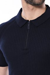 Polo Yaka Fermuarlı Lacivert Örme T-shirt  Wessi - 2
