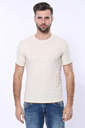 Kendinden Desenli Örme Krem Bisiklet Yaka T-shirt  Wessi - 6