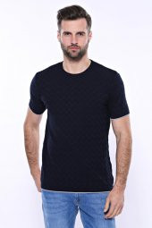 Kendinden Desenli Örme Lacivert Bisiklet Yaka T-shirt  Wessi - 3