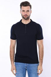 Polo Yaka Fermuarlı Lacivert Örme T-shirt  Wessi - 4
