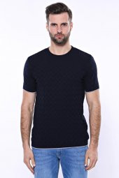Kendinden Desenli Örme Lacivert Bisiklet Yaka T-shirt  Wessi - 4
