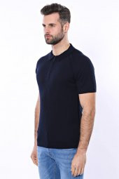 Polo Yaka Fermuarlı Lacivert Örme T-shirt  Wessi - 5