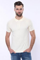 Polo Yaka Fermuarlı Krem Örme T-shirt  Wessi - 1