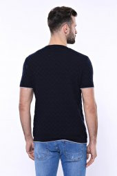 Kendinden Desenli Örme Lacivert Bisiklet Yaka T-shirt  Wessi - 5