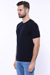 Kendinden Desenli Örme Lacivert Bisiklet Yaka T-shirt  Wessi - 6