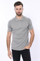 Polo Yaka Fermuarlı Örme Gri T-shirt  Wessi - 1