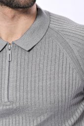 Polo Yaka Fermuarlı Örme Gri T-shirt  Wessi - 2