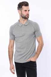 Polo Yaka Fermuarlı Örme Gri T-shirt  Wessi - 3