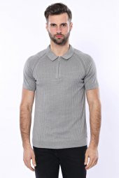 Polo Yaka Fermuarlı Örme Gri T-shirt  Wessi - 4