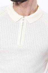 Polo Yaka Fermuarlı Krem Örme T-shirt  Wessi - 2